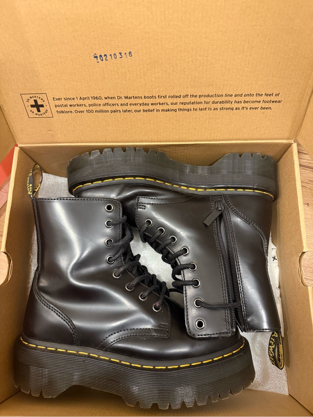 Dr. Martens Black Leather Combat Boots with Yellow Stitching - Picture 4 of 4